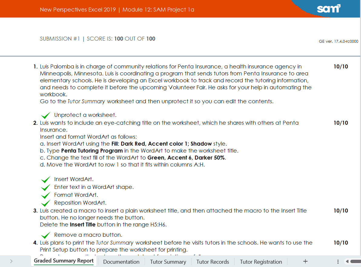graded summary report for new perspectives excel module 12 sam project 1a