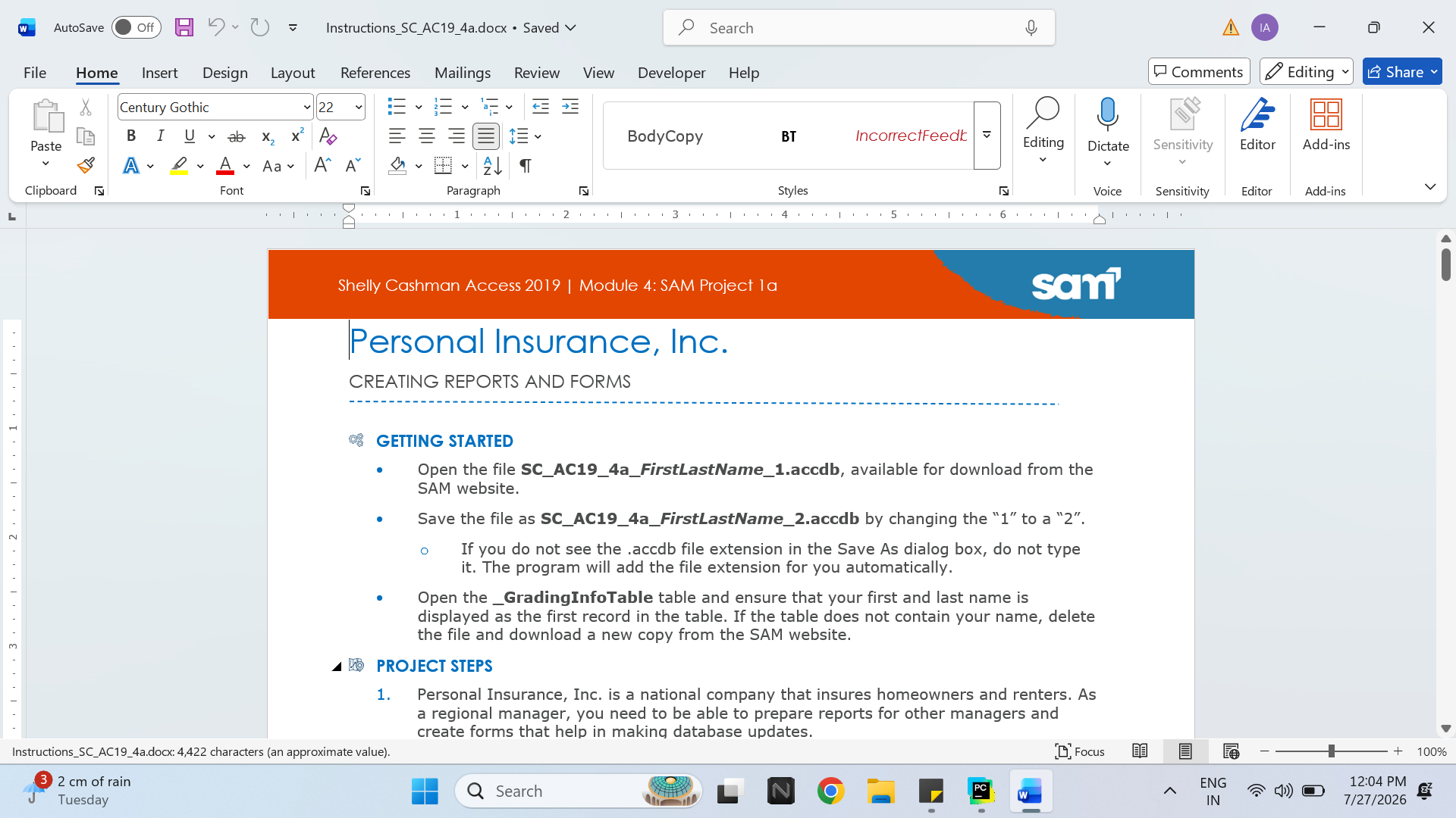 Shelly Cashman Access 2019 | Module 4: SAM Project 1a Personal Insurance, Inc.
